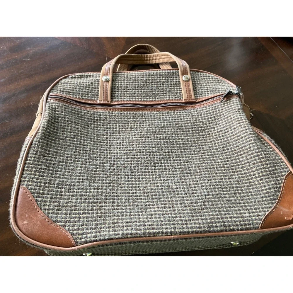 Vintage Travel Bag Tweed Carry On Luggage Brown Tan Weekend Duffel Bag